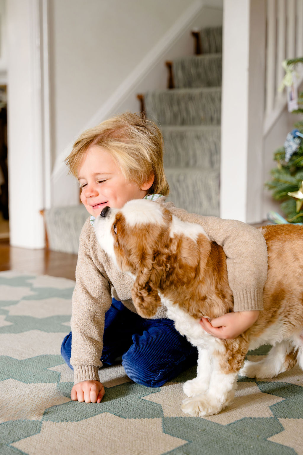 A little boy laughing with the family dog
