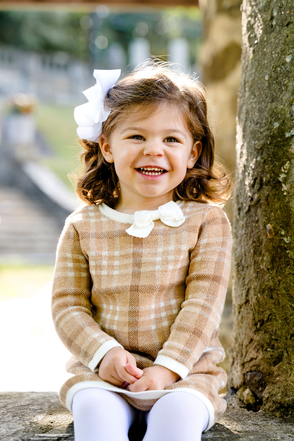 A little girl in a plaid dress grinning at the camera