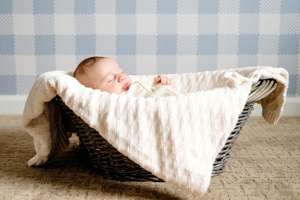 A newborn asleep in a blanket-lined basket